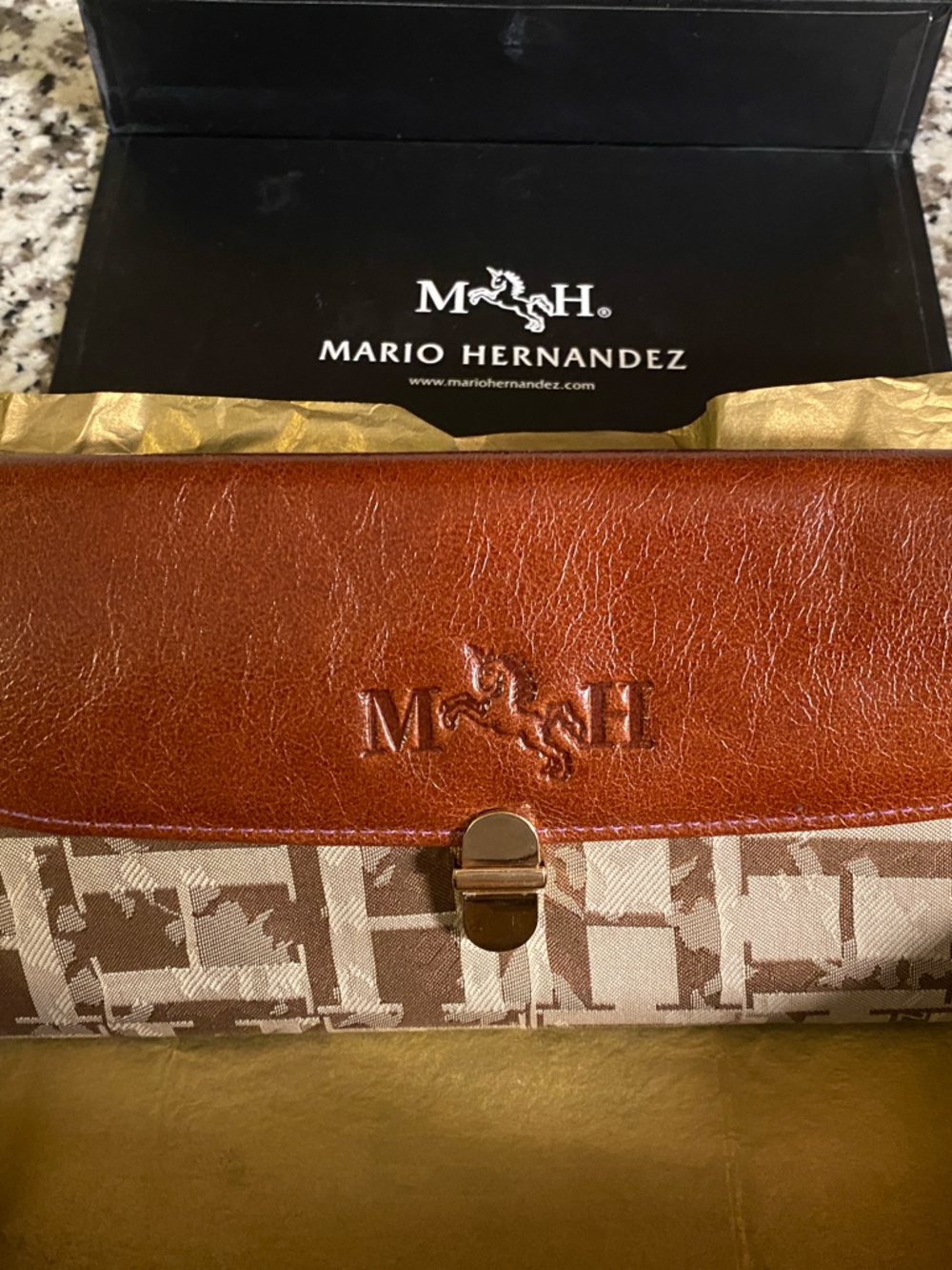 Mario Hernandez Brown Leather & Beige Patterned Women's Wallet